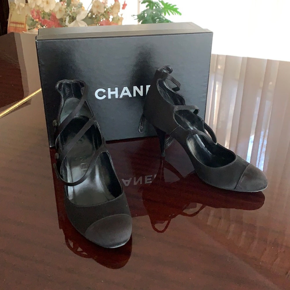 👠 Chanel Black Satin Triple Strap Mary Jane Pumps
